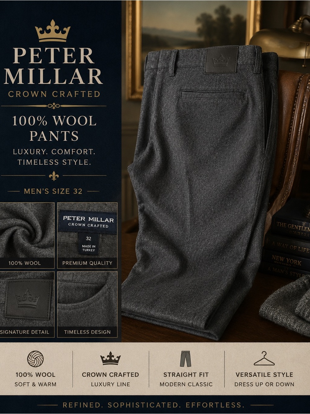 Peter Millar Crown Crafted 100% Wool Dress Pants Men’s 32 Luxury
